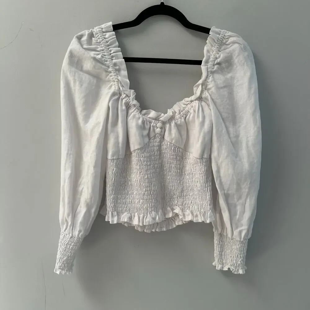 Faithfull the Brand Bel Rose White Smocked Off Shoulder Crop Top Size L